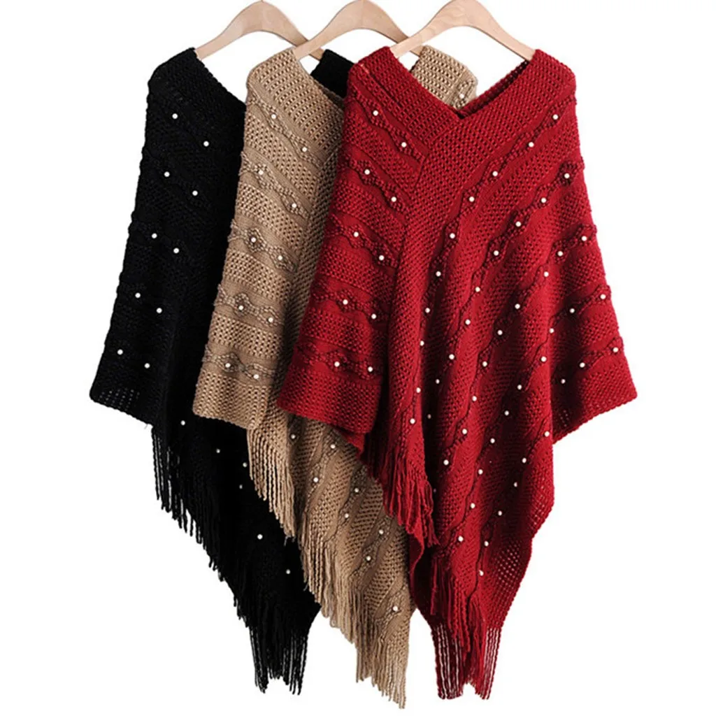 Женская зимняя шаль с жемчужным принтом и кисточками накидка рукавом летучая