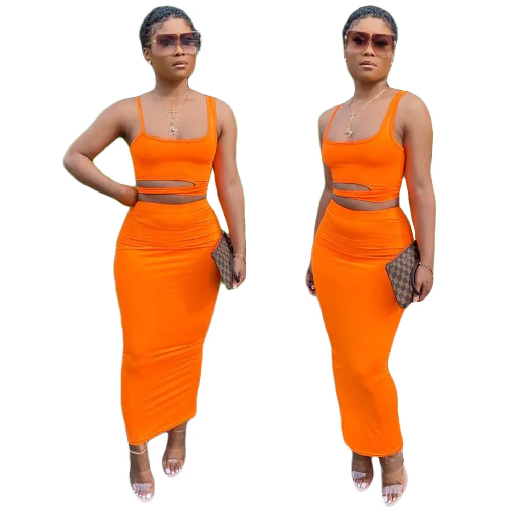 

2021 Summer Solid Color Sexy Hollow Casual Two-piece Female Home-style Skirt
