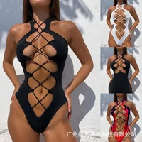 2021 women one piece bandage fashion lace up plunge swimsuit sleeveless hollow out sexy solid swimwear bathing suit