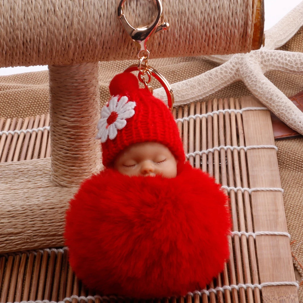2021 New Cute Sleeping Baby Fluffy Pompom Plush Doll Hanging Pendant Key Ring Keychain/key ring Keychain HOT | Украшения и