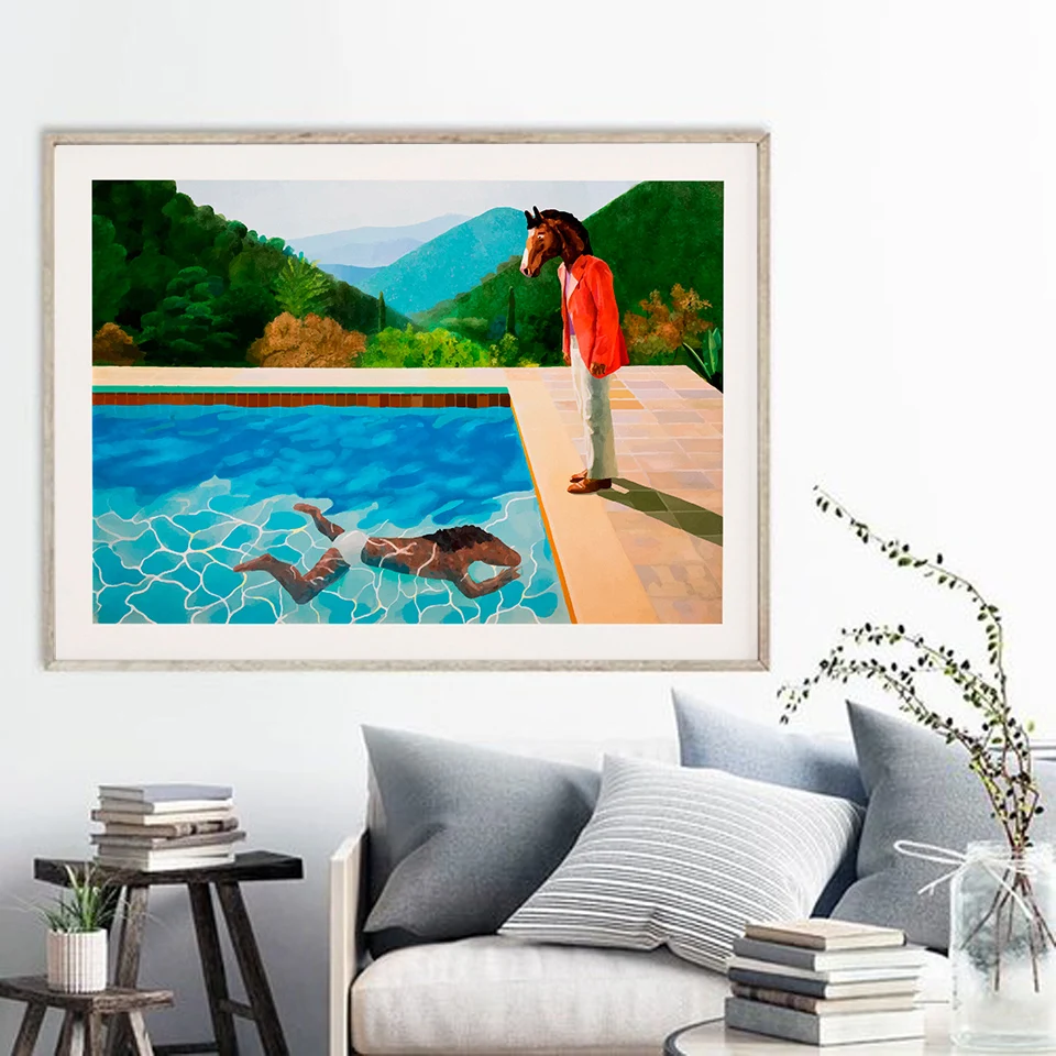 

Bojack Color Print Poster David Hockney Two Horses Man Swimming Pool Canvas Painting Mural Art Abstract Pictures Bedroom Decor