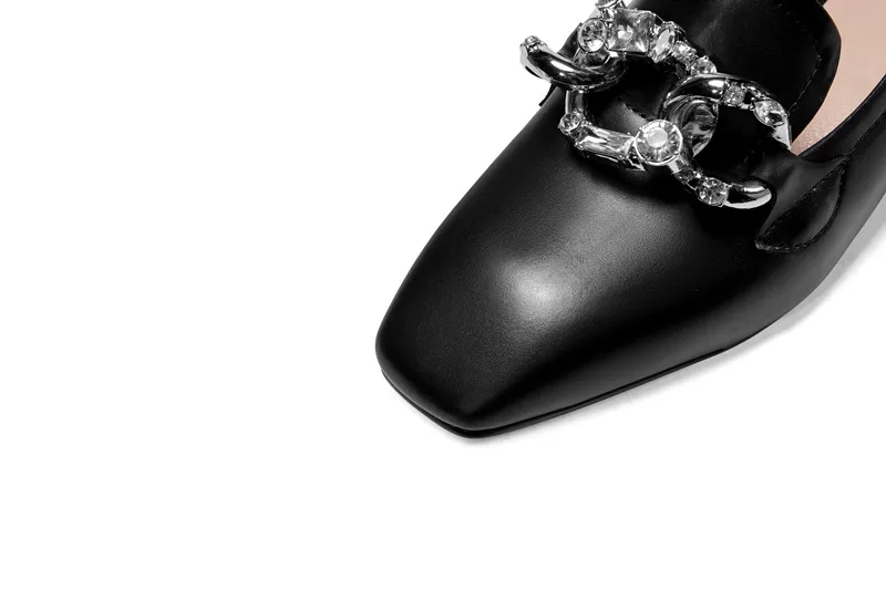 

Leisure Flats Women Shoes Natural Genuine Leather Flat Loafers Shoes Real Leather Crystal Chain Square Toe Shoes Lady Size 33-43