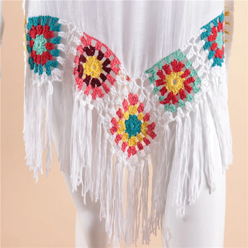 

Bohemia Dress Women Tassels Hollow Out Chic Comfortable V-Neck Cotton Dress Loose Fashion Pullover Summer Beach Dress 2021