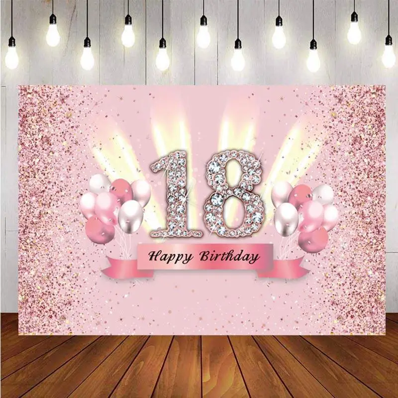 

18th Backdrop Pink Balloon Rose Gold Glitter Lady Happy Birthday Party Photo Background Banner Decorations Supplies