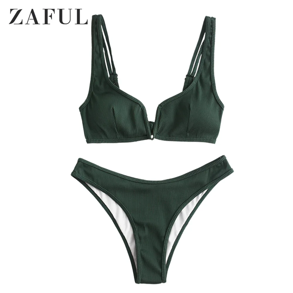Medium Forest Green ZAFUL бикини высокий вырез V-wired ребристый купальник бикини с глубоким вырезом без косточек сплошной купальник женский купальный костюм с пуш-ап - Цвет: Medium Forest Green
