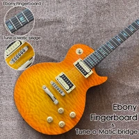 one piece neck and body sunburst color flame top ebony fingerboard electric guitar tune o matic bridge honey color