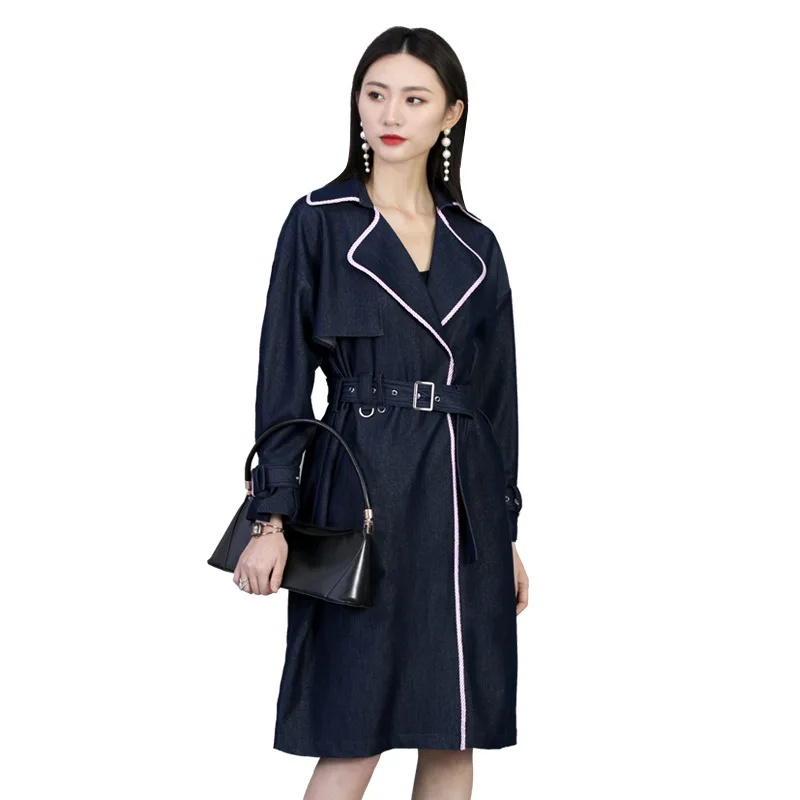 

{DEAT} Women navy Blue Big Size Midi Trench New Lapel Long Sleeve Loose Fit Windbreaker Fashion Tide Spring Autumn 2021 GX163