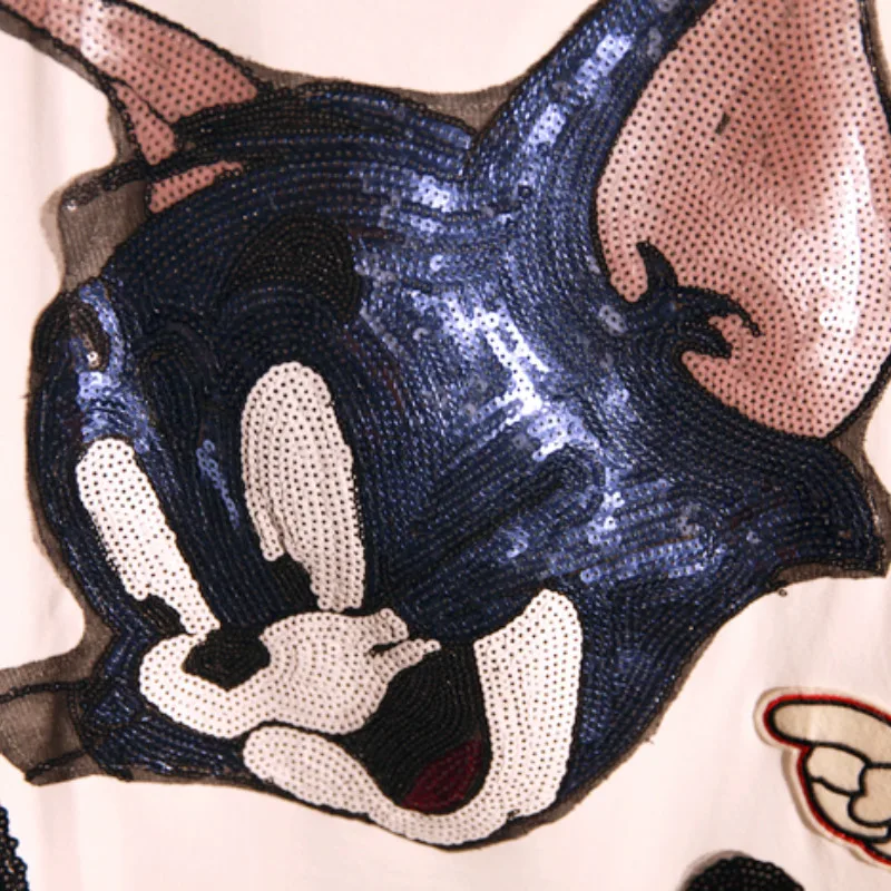 Харадзюку рубашка мультфильм блёстки синий кот футболка с вышивкой кисточки