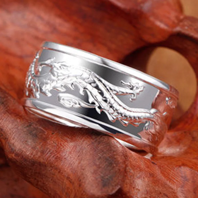 

2021new Style Flying Dragon Playing with Pearls Ring Fashion Men Silver Plated Carving Scripture Ring Fit Men Daily Wear Jewelry