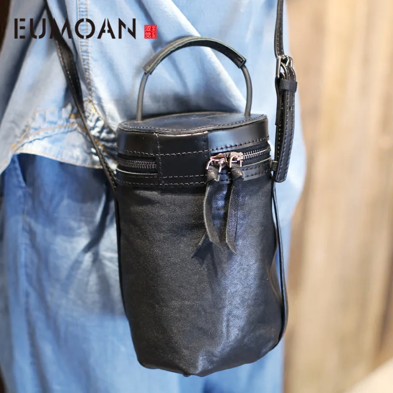 EUMOAN Black sheepskin diagonal package original designer handbags tide hand retro leather handbag bucket bag shoulder | Багаж и сумки