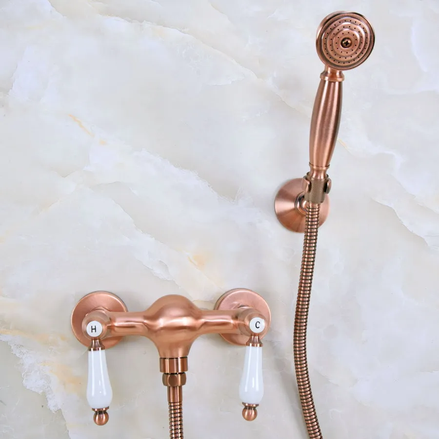 

Antique Red Copper Brass Dual Ceramic Levers Handles Wall Mounted Bathroom Hand Held Shower Head Faucet Set Mixer Tap ana299