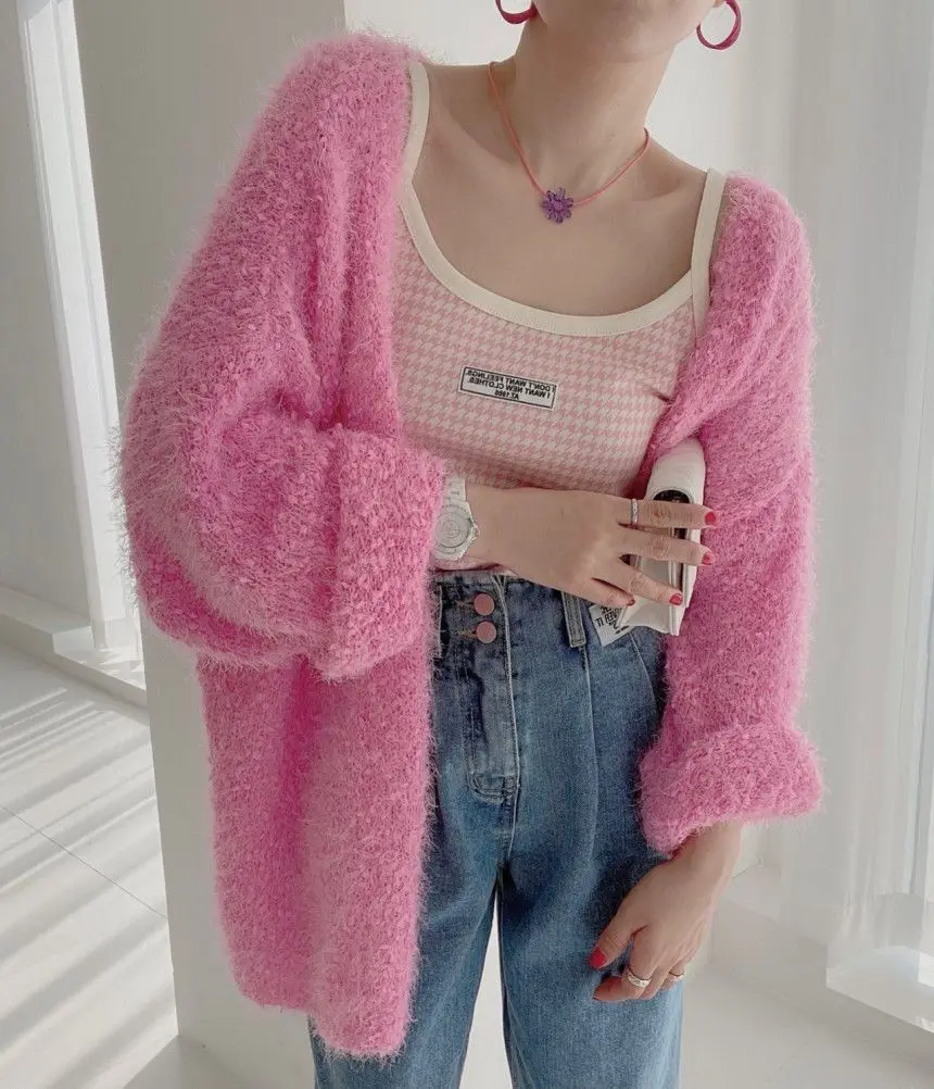 Женский мохеровый свитер корейский стиль однобортный вязаный кардиган с