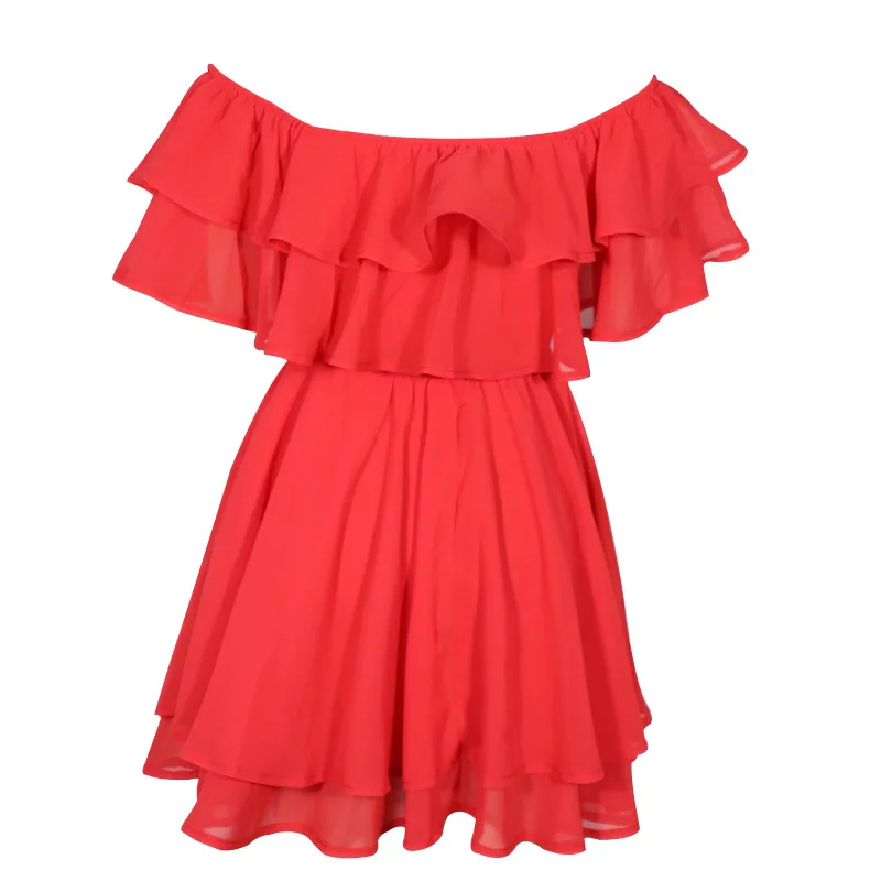 

Women sexy off shoulder slash neck ruffle swing dress Black chiffon mini short dress Solid dresses for women party