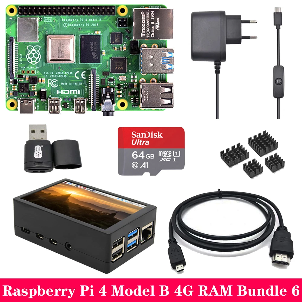 Комплект 6 Raspberry Pi 4 Модель B 2 ГБ 4 ГБ ОЗУ с 3,5 дюймов TFT сенсорный экран ЖК-блок питания теплоотвод для Raspberry Pi 4B Pi4 B - Комплект: Комплект 6