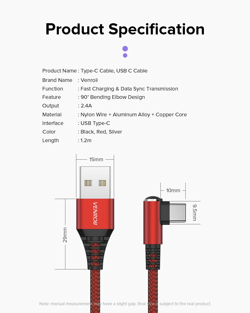 Venroii type-C кабель для samsung Galaxy S9 S8 Plus A50 USBC Быстрая зарядка type-C кабель для мобильного телефона Xiaomi Oneplus 6t 7 Pro