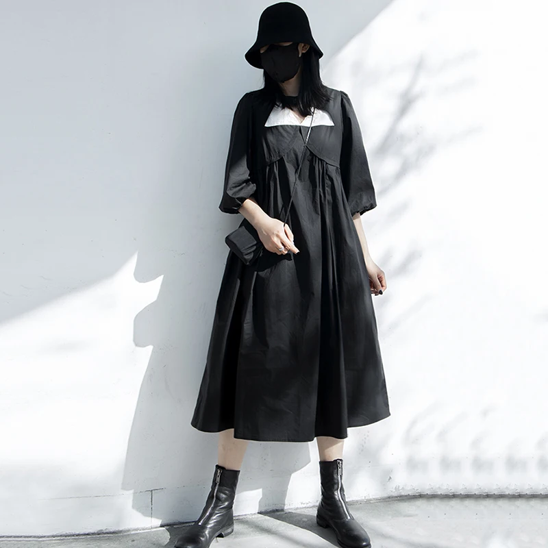 

[EAM] Women Black Contrast Color Hollow Out Dress Round Neck Three Quarter Sleeve Loose Fashion Tide Spring Summer 2021 1DD8473