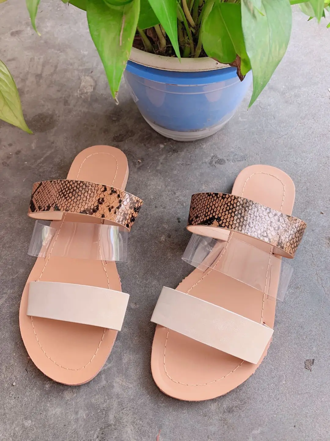 

LEMAI Snake Print Leopard Slippers for Women Casual Summer Beach Shoes Transparent Hollow Outside and House Slippers Size 35-43