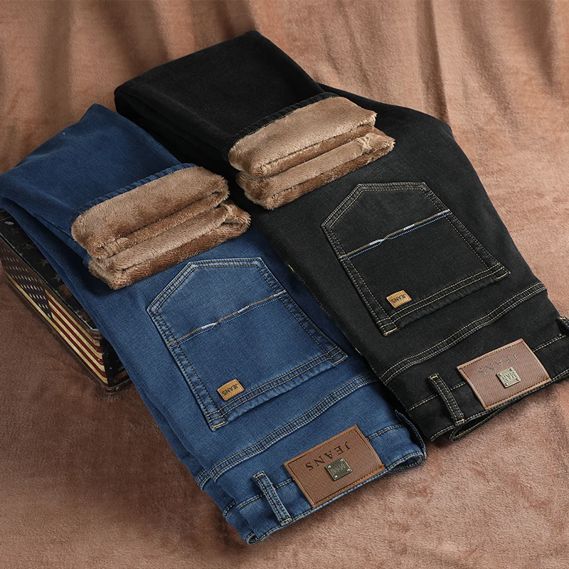 2019 зимние мужские теплые джинсы классический стиль модные повседневные
