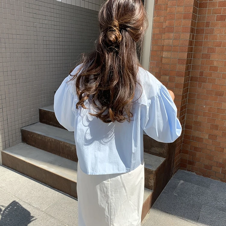 

New 2020 Summer Women's Blouses Casual Fashionable Buttons Nine Quarter Lantern Sleeve Wild Office Lady Shirts Short Tops