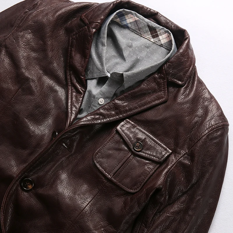 Повседневный мужской умный приталенный костюм из натуральной кожи с отворотами