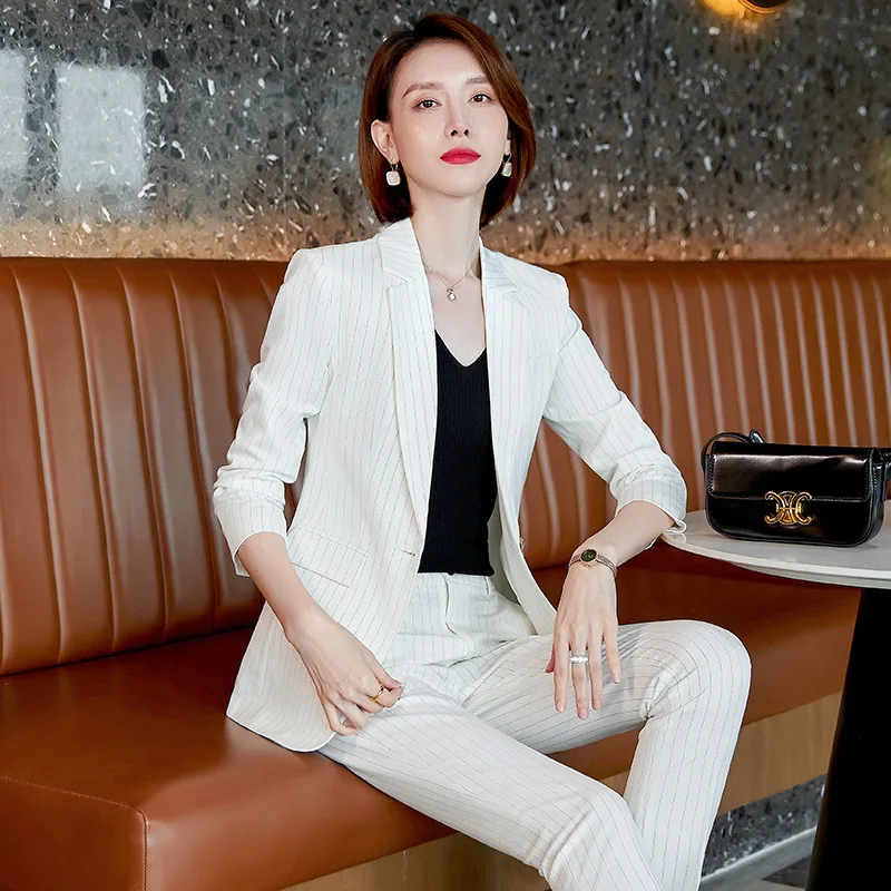 90 Kg Large Size High-end Striped Office Pants Suit 2-piece Sets Temperament Business Women's Overalls Autumn and Winter 2022