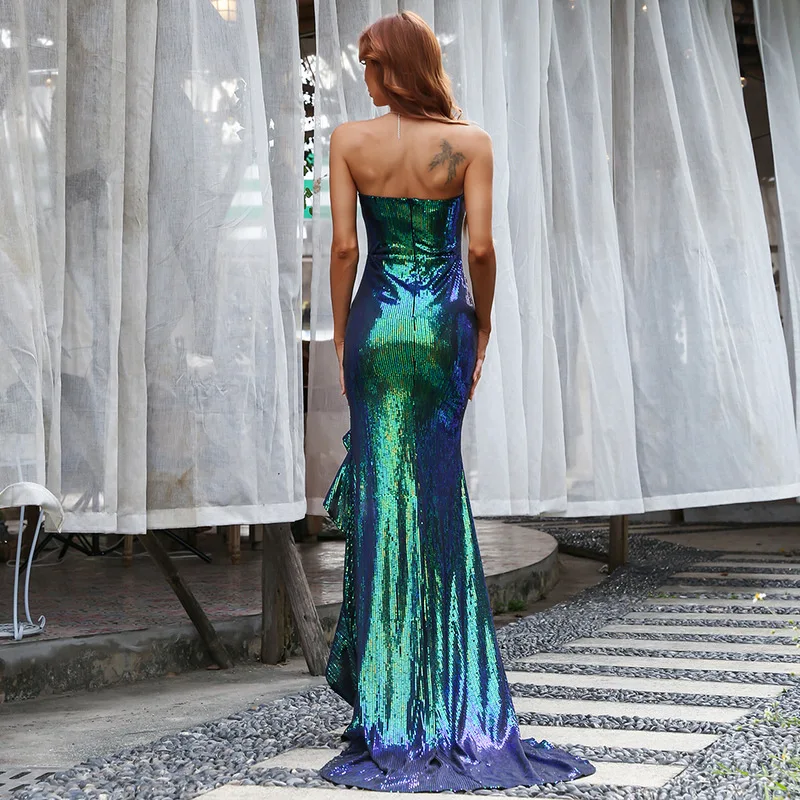 

HF New Fashion Style Strapless Backless High Slit Sexy Celebrity Evening Party Elegant Maxi Dress Plus Size S-XL