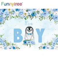 funnytree its a boy baby shower backdrop blue flowers gold dots kids winter birthday party cute penguin photocall background