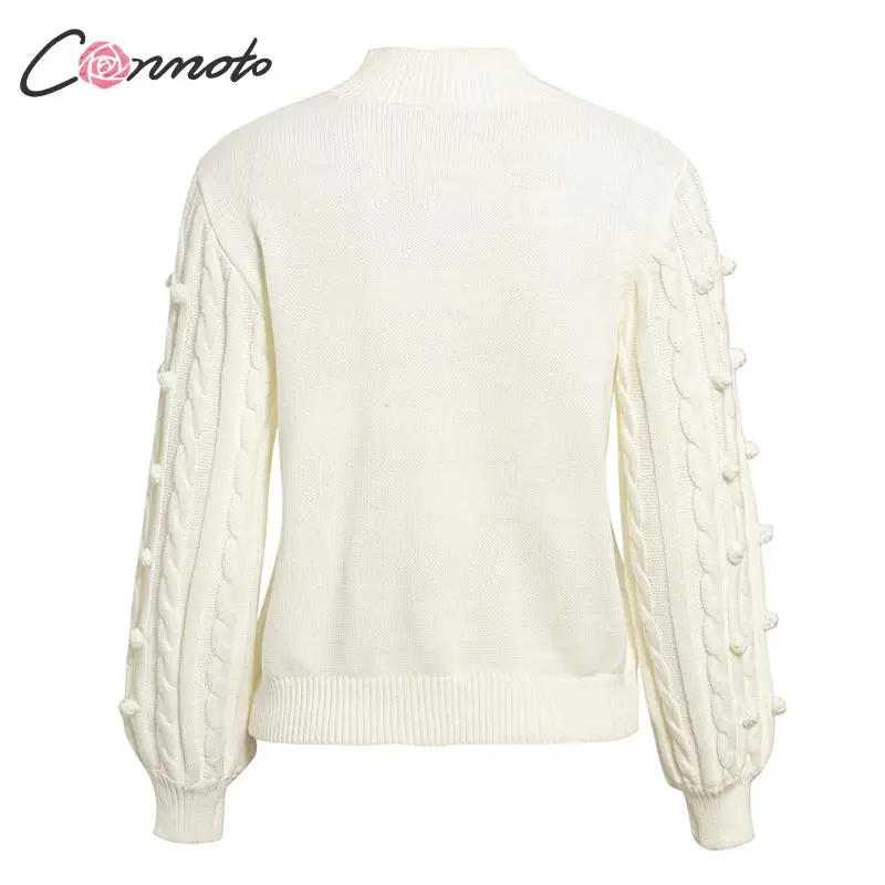 Conmoto Casual Knitted Sweater Women Solid White Autumn Winter 2019 Jumpers Vintage Lantern Sleeve Pompom Pull Femme | Женская одежда