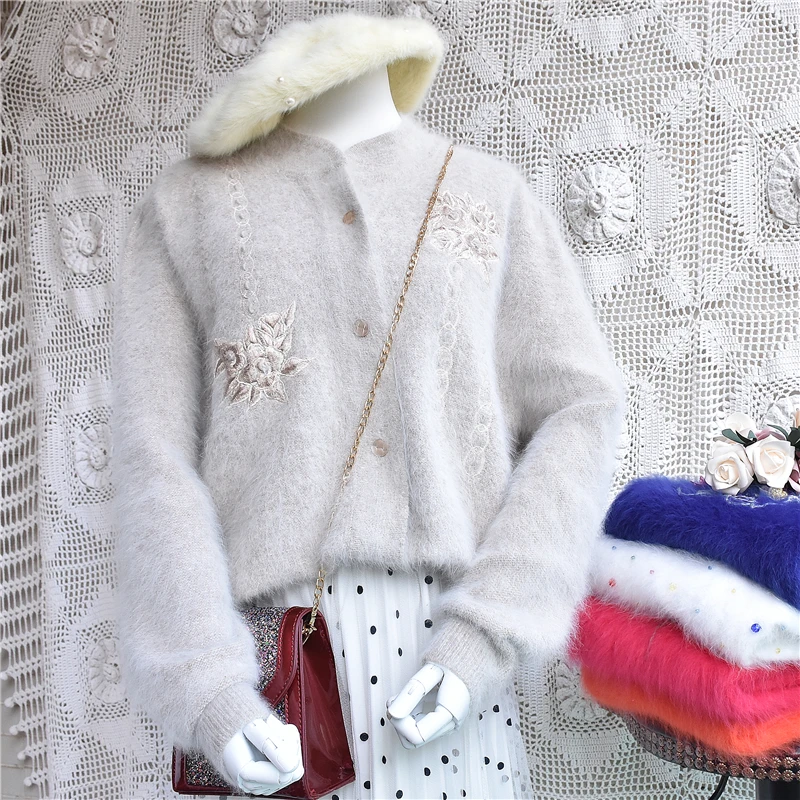 Женский вязаный винтажный кардиган легкий свитер из натурального Ангорского