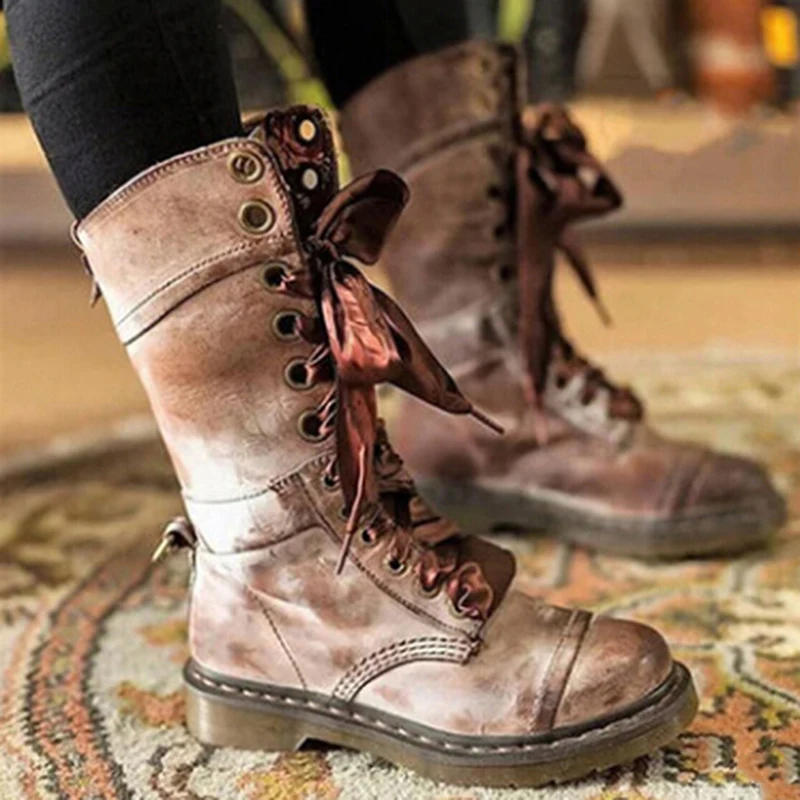 

Leather Boots Women Long Boots Lace Up Autumn And Winter Botas Plus Size 36-43 Zapatos De Mujer