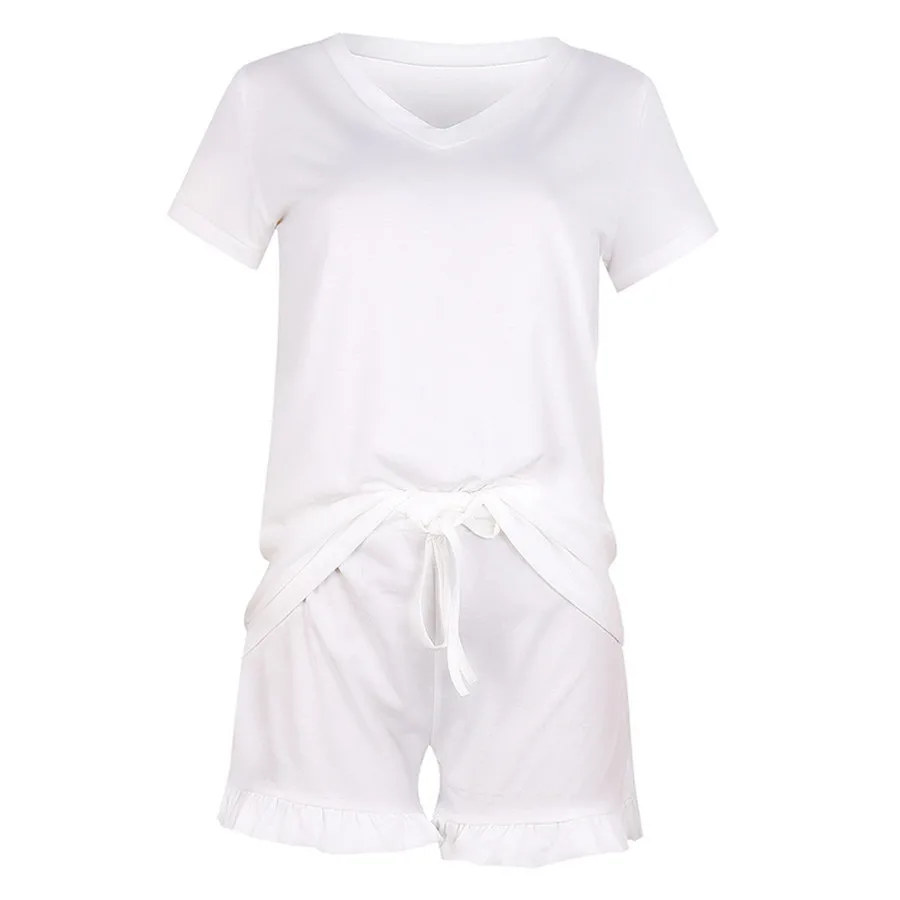 

V Neck Womens Two Piece Pants Short Sleeve Solid Color Loose Womens Home Clothes Casual Femme 2PCS Suits