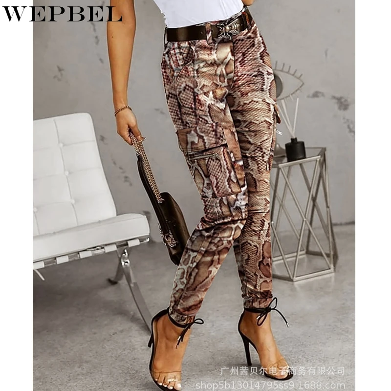 

WEPBEL Mid Waist Lace-up Long Pants Women's Casual Snake Print Slim Trousers Summer Fashion Pocket Pencil Pants