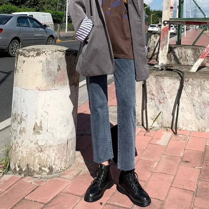 

Женские джинсы с прямыми штанинами, новинка весны-лета, свободные универсальные облегающие эластичные укороченные брюки с завышенной талией в Корейском стиле, джинсовые брюки