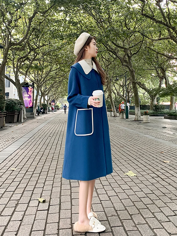 

Off season blue double-sided cashmere coat women's winter 2021 new wool woolen tweed coat medium length