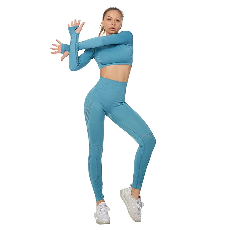

New Seamless Sports Yoga Set Gym Hollow Long Sleeve Shirts Crop Top High Waist Running Leggings Pants Sport Clothes For Women