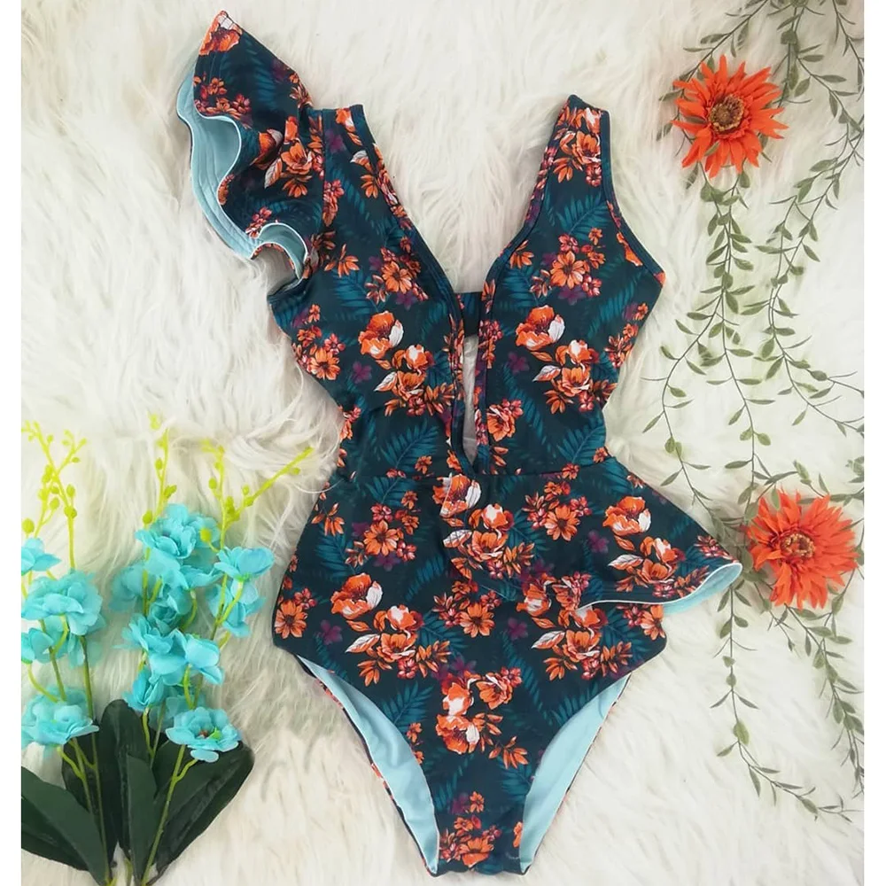 

One Piece Swimsuit 2021 Print Plus Size Swimwear Women V-Neck Belt Monokini Sexy Ruffle Bathing Suits Push Up String Beach Wear