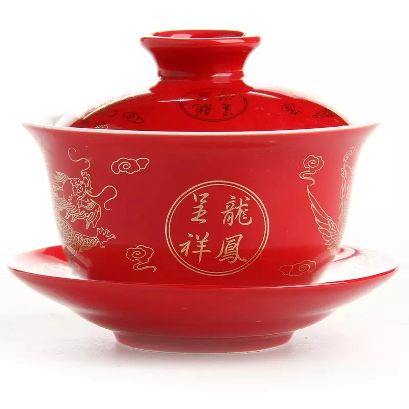 Дракон и феникс свадебный gaiwan чайная чаша китайский красный ted чайная чашка и блюдце набор