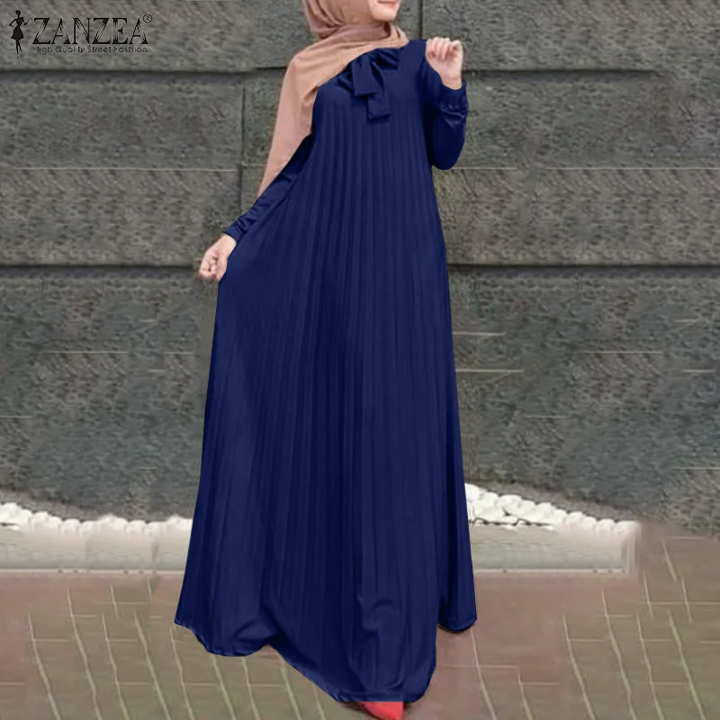 ZANZEA Abaya Long Sleeve Dresses Party Evening Gown Muslim Robe kaftan Loose Pleated Sundress Crew Neck Turkish Maxi Vestidos