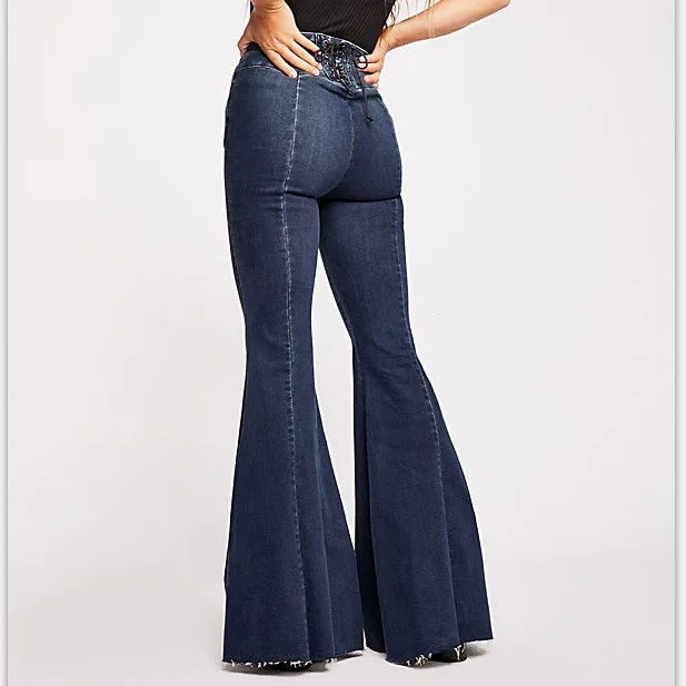 Womens Flare Jeans High Waisted Wide Leg Jean Woman Fashion Sexy Push UP Back Bandage Denim Pants Long Bell Bottom Skinny Jeansy | Женская