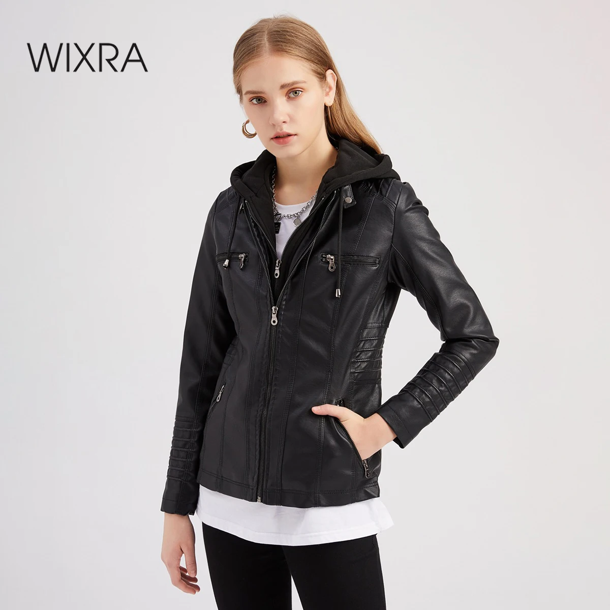 Wixra Women Classic Motorcycle Jackets Biker BF Style Pockets PU Outerwear Stand Collar With Removable Hood Spring Autumn