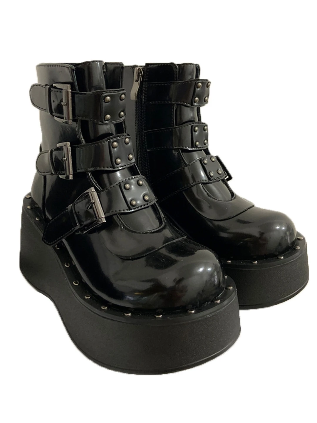 

Autumn Winter Women's Black Ankle Boots Big Round Toe Buckles Punk Thick Sole Rivets Shoes A1