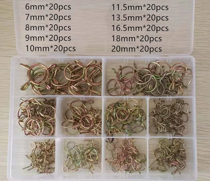 

200pcs Hose Clamp High Quality Zinc Plated Spring Clips Gear Hose Fuel Line Clamp for Boats with Storage Box 6/7/8/9/10/-20mm