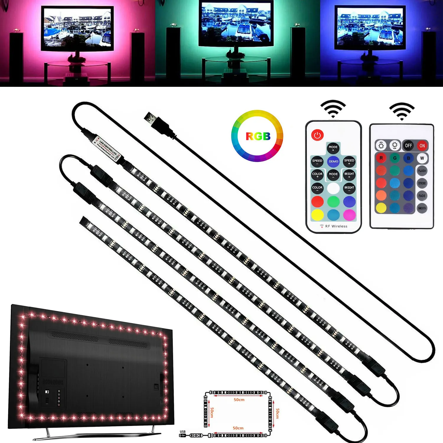 USB 5V RGB светодиодный полосы 4x50CM потолочные светильники 5050 ленты с дистанционным