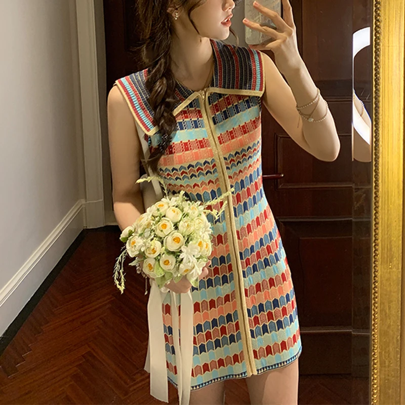 

2020 summer women vintage striped colorful knitted sweater dresses sleeveless turn down collar elastic bodycon mini dress JC346