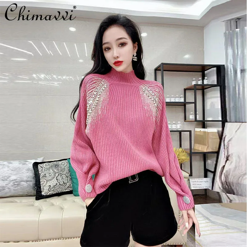 

Heavy Embroidery Hot Drilling Beaded Knitted Tops Women 2021 Winter Korean Fashion Half Turtleneck Loose-Fit Versatile Sweater