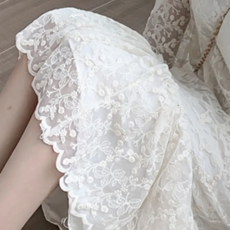 

Temperament Hook Flower White Lace Dress Women O-neck Long Sleeve Ruffles Mid-calf Vestidos Slim Was Thin Robe 2021 Spring New