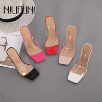 niufuni size 36 42 womens sandals candy color summer transparent slippers open toe crystal high heels hollow women shoes slides