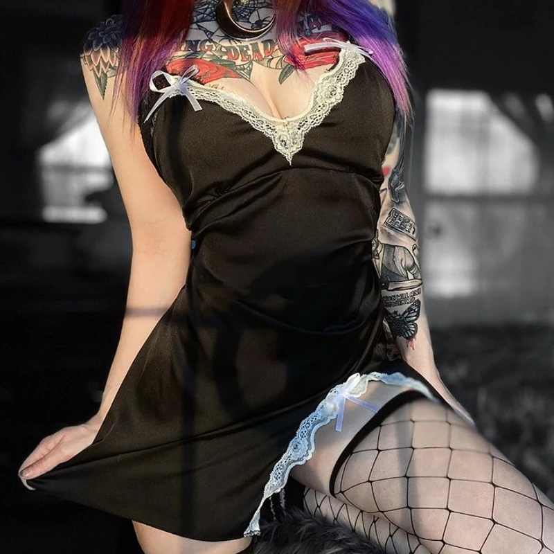 Женское кружевное мини-платье InsGoth черное платье в готическом стиле на тонких