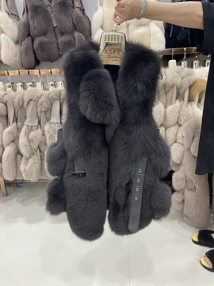 

WholeSale Women Lady Winter Thick Sleeveless Natural Real Fox Fur Vest Medium Style Collect Waist Sashes Belt Long Fox Fur Vest