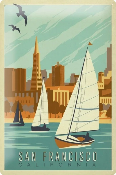 

Tin Sign Deco City San Francisco Bay Sailboat Skyscrapers Gulls